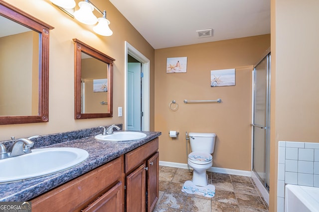 full bathroom featuring baseboards, visible vents, toilet, and a sink