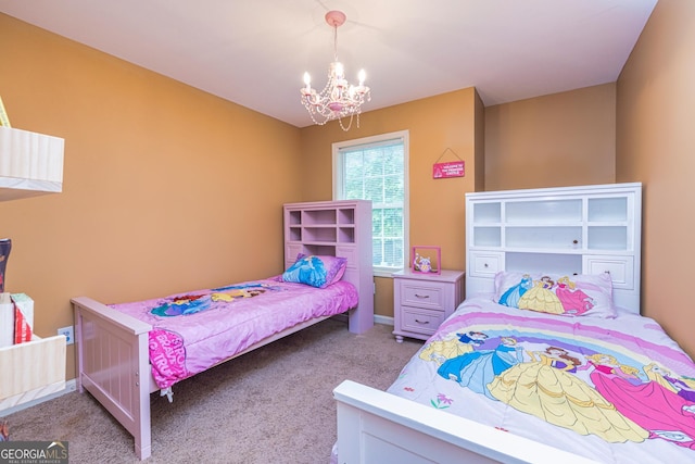 carpeted bedroom featuring a notable chandelier