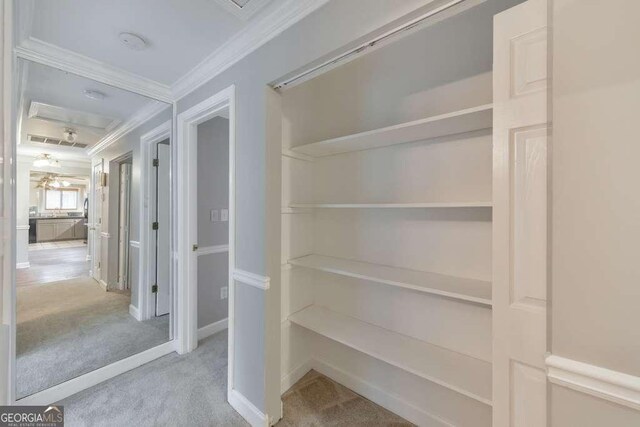 unfurnished bedroom featuring crown molding, baseboards, carpet flooring, and connected bathroom