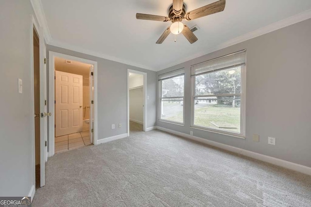 unfurnished bedroom featuring ornamental molding, carpet, baseboards, a walk in closet, and ceiling fan