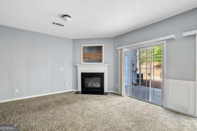 2872 Cross Creek Ct, Cumming, GA 30040 - unfurnished living room featuring a fireplace with flush hearth, baseboards, carpet flooring, and visible vents