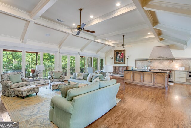 2436 Hawthorne Ln, Gainesville, GA 30506 - living room with ceiling fan, light wood-style flooring, and ornamental molding