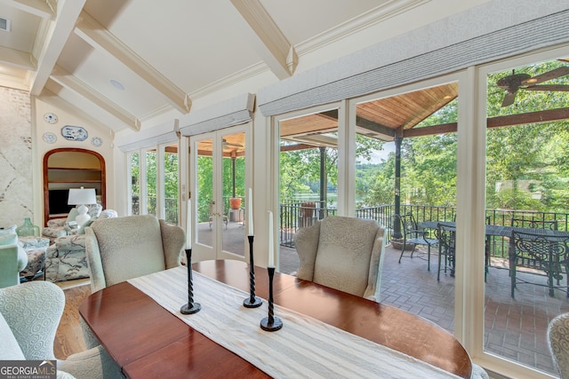 2436 Hawthorne Ln, Gainesville, GA 30506 - dining space with french doors, visible vents, and vaulted ceiling with beams
