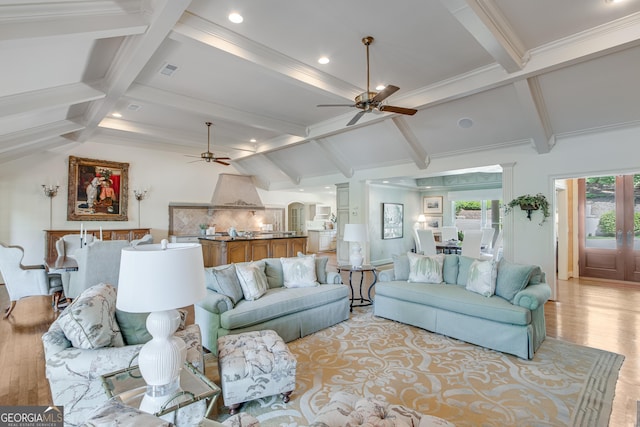 2436 Hawthorne Ln, Gainesville, GA 30506 - living area with visible vents, recessed lighting, light wood-style flooring, a ceiling fan, and vaulted ceiling with beams