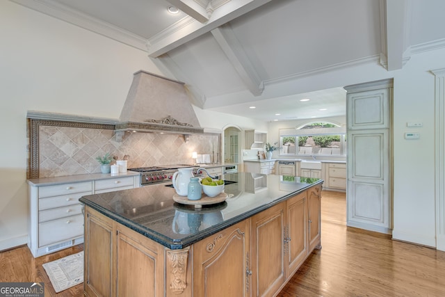 2436 Hawthorne Ln, Gainesville, GA 30506 - kitchen with a sink, tasteful backsplash, high end stove, custom range hood, and light wood-style floors
