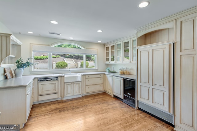 2436 Hawthorne Ln, Gainesville, GA 30506 - bar featuring wine cooler, recessed lighting, light wood finished floors, visible vents, and a sink