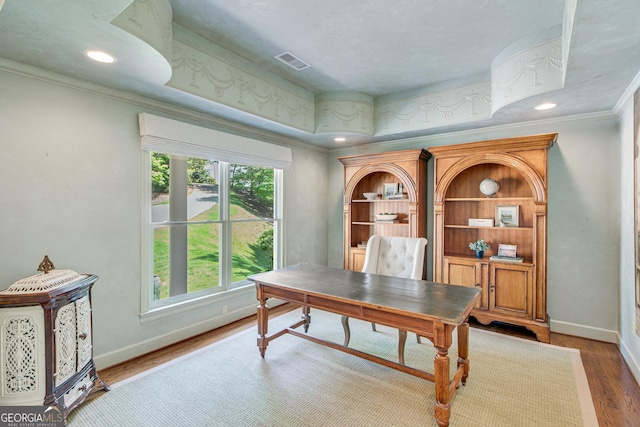2436 Hawthorne Ln, Gainesville, GA 30506 - office featuring recessed lighting, baseboards, ornamental molding, visible vents, and wood finished floors