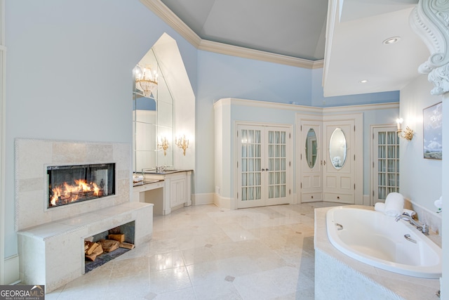 2436 Hawthorne Ln, Gainesville, GA 30506 - full bath with a bath, a fireplace, vanity, and ornamental molding