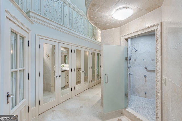 2436 Hawthorne Ln, Gainesville, GA 30506 - full bath with a stall shower, french doors, and vanity