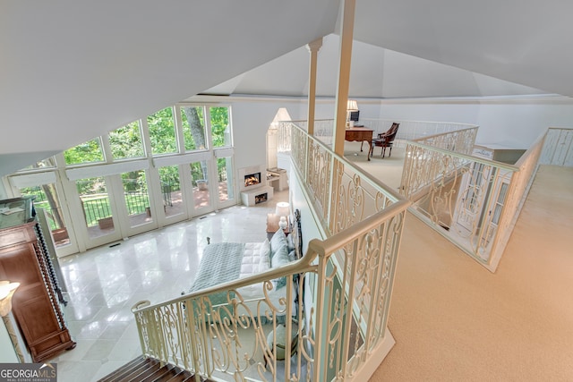 2436 Hawthorne Ln, Gainesville, GA 30506 - stairs featuring tile patterned flooring and high vaulted ceiling
