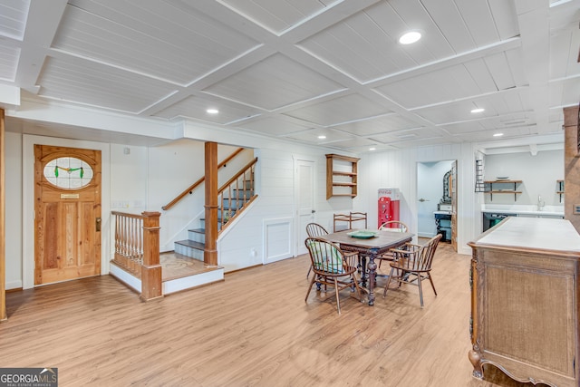 2436 Hawthorne Ln, Gainesville, GA 30506 - dining space featuring wood ceiling, beam ceiling, stairs, light wood-style floors, and recessed lighting