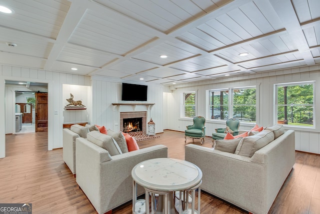 2436 Hawthorne Ln, Gainesville, GA 30506 - living room with wooden ceiling, a brick fireplace, and a healthy amount of sunlight