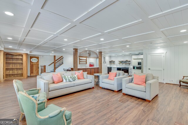2436 Hawthorne Ln, Gainesville, GA 30506 - living area with light wood-style floors, stairway, recessed lighting, coffered ceiling, and wine cooler