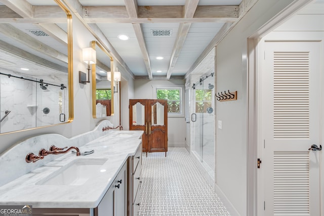 2436 Hawthorne Ln, Gainesville, GA 30506 - bathroom featuring double vanity, a marble finish shower, baseboards, and a sink