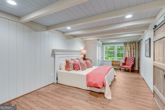 2436 Hawthorne Ln, Gainesville, GA 30506 - bedroom with wooden walls, light wood-style flooring, beamed ceiling, and recessed lighting