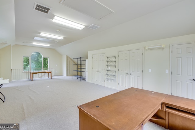 2436 Hawthorne Ln, Gainesville, GA 30506 - unfurnished office featuring attic access, visible vents, lofted ceiling, and light carpet