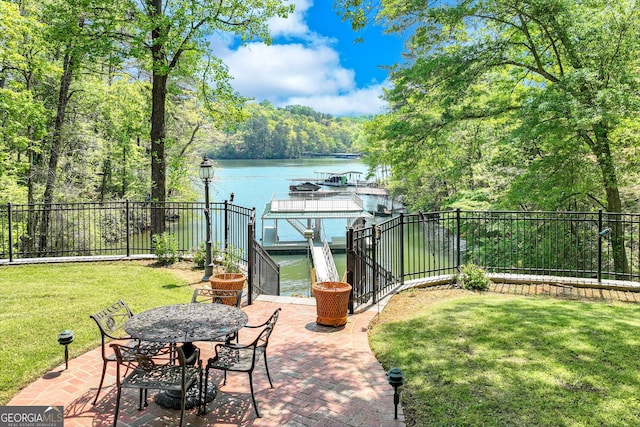 2436 Hawthorne Ln, Gainesville, GA 30506 - view of patio / terrace featuring a water view, fence, a view of trees, and a boat dock
