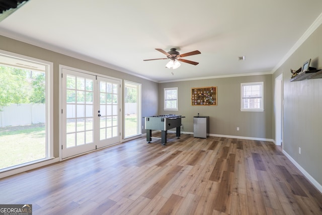 unfurnished office with light wood-style flooring, a healthy amount of sunlight, and ornamental molding
