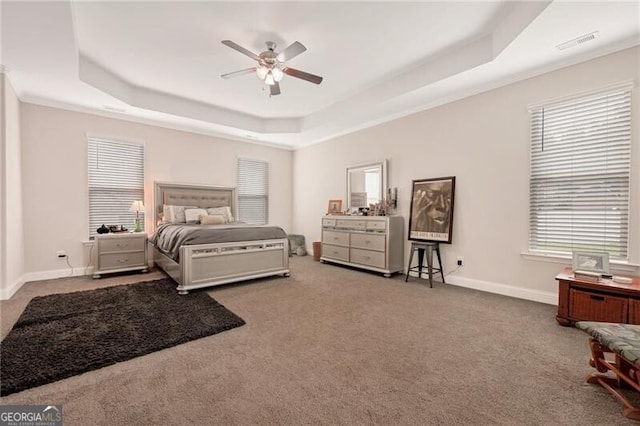 1129 Abundance Dr, Locust Grove, GA 30248 - bedroom featuring carpet, multiple windows, visible vents, and a raised ceiling