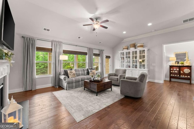 4815 Amble Trce, Cumming, GA 30040 - living room featuring a ceiling fan, baseboards, a fireplace with flush hearth, dark wood-style floors, and lofted ceiling