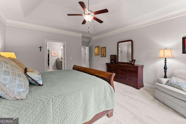 4815 Amble Trce, Cumming, GA 30040 - bedroom with light colored carpet, ornamental molding, baseboards, ensuite bathroom, and ceiling fan