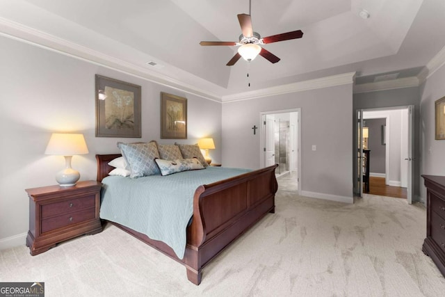 4815 Amble Trce, Cumming, GA 30040 - bedroom featuring a tray ceiling, carpet, ornamental molding, baseboards, and connected bathroom