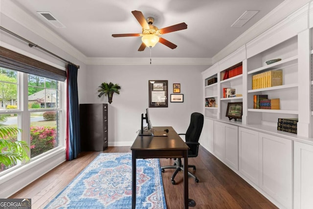 4815 Amble Trce, Cumming, GA 30040 - office space featuring a ceiling fan, dark wood-style floors, ornamental molding, and baseboards