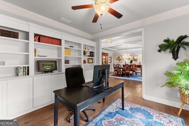 4815 Amble Trce, Cumming, GA 30040 - office area featuring crown molding, wood finished floors, a ceiling fan, baseboards, and a chandelier