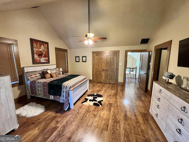 54 Lodge Ground Ln, Hawkinsville, GA 31036 - bedroom featuring ceiling fan, lofted ceiling, baseboards, and wood finished floors