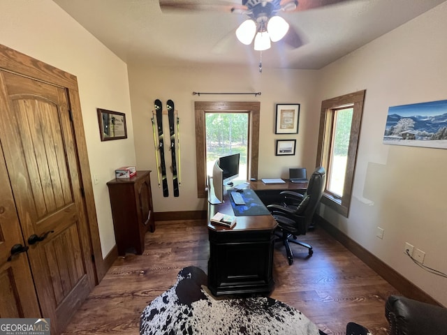 54 Lodge Ground Ln, Hawkinsville, GA 31036 - office area featuring baseboards, a ceiling fan, and dark wood-type flooring