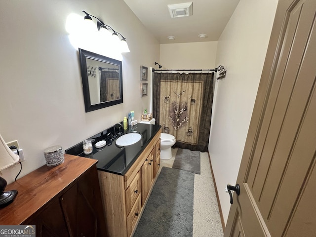 54 Lodge Ground Ln, Hawkinsville, GA 31036 - bathroom featuring curtained shower, visible vents, toilet, and vanity