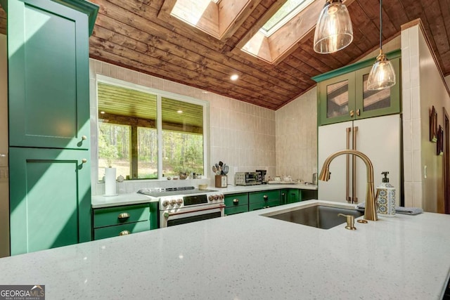 361 Rising Star Rd Unit 14, Ellijay, GA 30536 - kitchen featuring green cabinets, wood ceiling, high end appliances, a skylight, and decorative light fixtures
