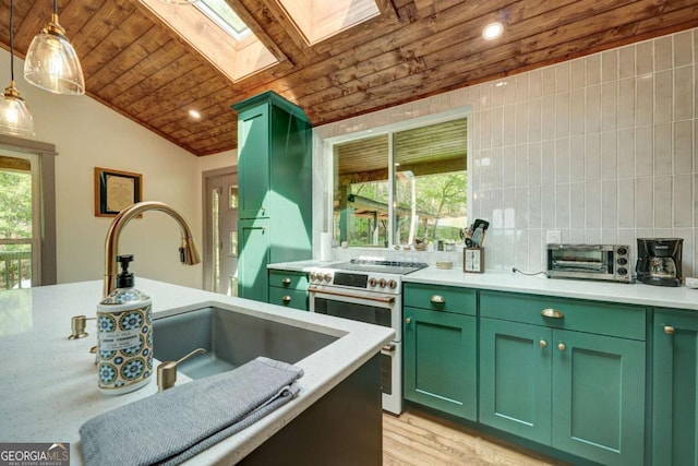 361 Rising Star Rd Unit 14, Ellijay, GA 30536 - kitchen featuring green cabinets, wood ceiling, a skylight, high quality range, and light countertops