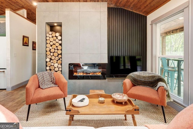 361 Rising Star Rd Unit 14, Ellijay, GA 30536 - living area featuring wooden ceiling, wood finished floors, lofted ceiling, and a fireplace