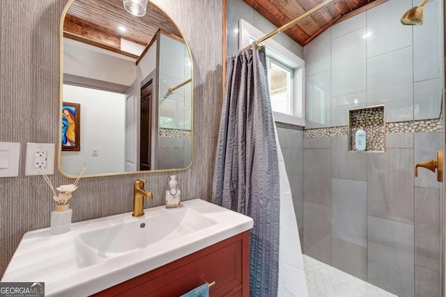 361 Rising Star Rd Unit 14, Ellijay, GA 30536 - full bathroom with lofted ceiling, walk in shower, wooden ceiling, and vanity