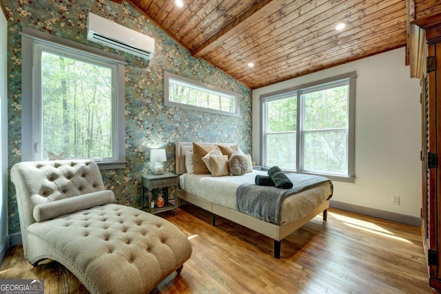 361 Rising Star Rd Unit 14, Ellijay, GA 30536 - bedroom featuring wallpapered walls, lofted ceiling with beams, wooden ceiling, baseboards, and a wall unit AC