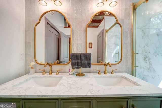 361 Rising Star Rd Unit 14, Ellijay, GA 30536 - bathroom featuring double vanity, a shower stall, and tile walls