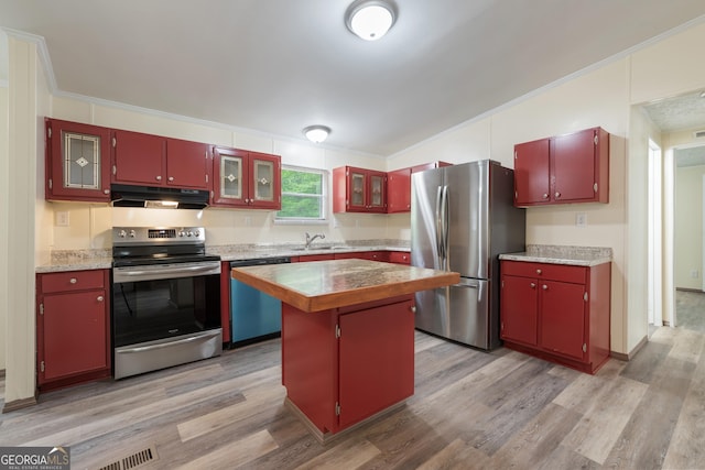193 Pine Ridge Pl, Nicholson, GA 30565 - kitchen featuring red cabinetry, under cabinet range hood, and stainless steel appliances