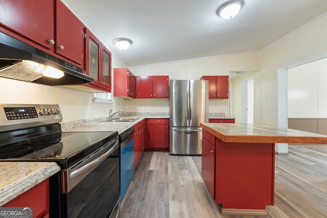 193 Pine Ridge Pl, Nicholson, GA 30565 - kitchen with light wood-style flooring, appliances with stainless steel finishes, red cabinetry, and under cabinet range hood