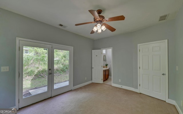 500 Old Mize Rd, Toccoa, GA 30577 - unfurnished bedroom with light carpet, french doors, access to exterior, visible vents, and baseboards