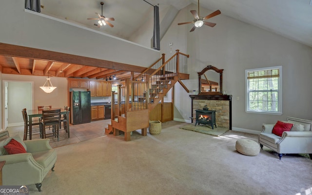 500 Old Mize Rd, Toccoa, GA 30577 - living room with baseboards, high vaulted ceiling, ceiling fan, and light colored carpet