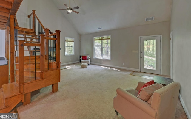 500 Old Mize Rd, Toccoa, GA 30577 - sitting room featuring high vaulted ceiling, a ceiling fan, stairs, carpet floors, and baseboards