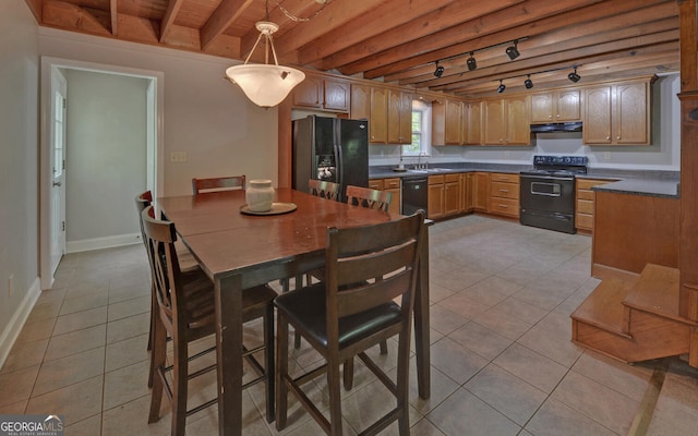 500 Old Mize Rd, Toccoa, GA 30577 - dining area with light tile patterned flooring, baseboards, rail lighting, and beam ceiling