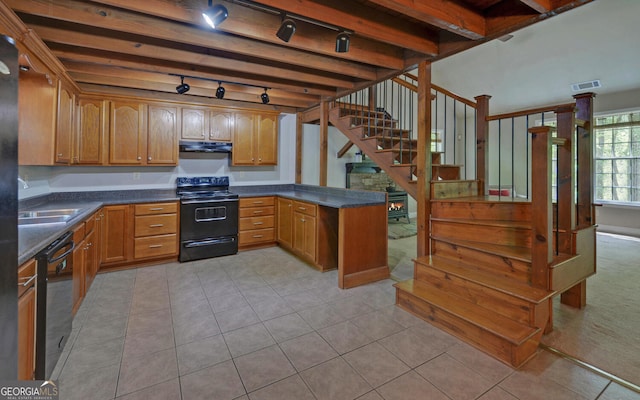 500 Old Mize Rd, Toccoa, GA 30577 - kitchen featuring dark countertops, black appliances, track lighting, a peninsula, and under cabinet range hood