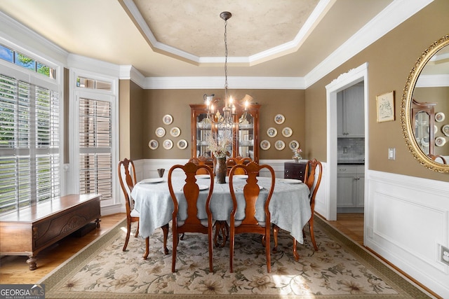 629 Gold Valley Pass, Canton, GA 30114 - dining space featuring a tray ceiling, an inviting chandelier, light wood finished floors, and a wainscoted wall