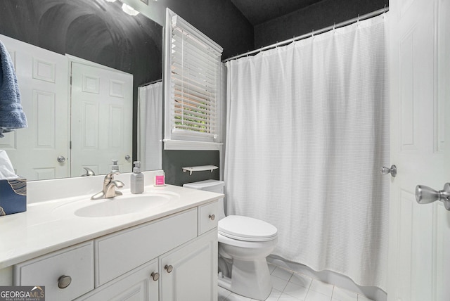 629 Gold Valley Pass, Canton, GA 30114 - full bath featuring a shower with curtain, tile patterned floors, vanity, and toilet