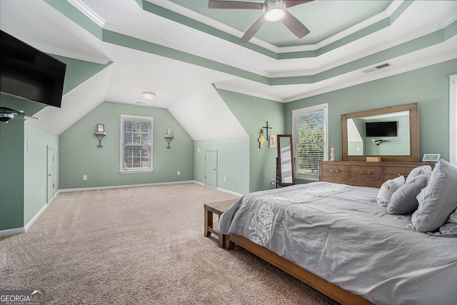 629 Gold Valley Pass, Canton, GA 30114 - bedroom with visible vents, ornamental molding, carpet floors, baseboards, and a ceiling fan