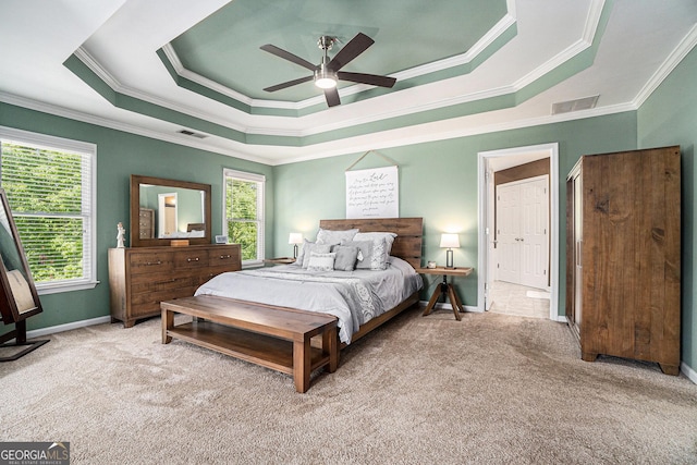 629 Gold Valley Pass, Canton, GA 30114 - carpeted bedroom with a raised ceiling, ornamental molding, multiple windows, and visible vents