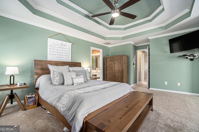629 Gold Valley Pass, Canton, GA 30114 - carpeted bedroom featuring ceiling fan, visible vents, a raised ceiling, baseboards, and ornamental molding