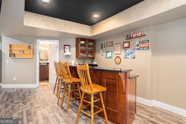 629 Gold Valley Pass, Canton, GA 30114 - bar with a raised ceiling, indoor wet bar, recessed lighting, baseboards, and wood finished floors
